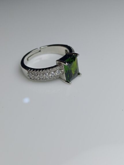 Emerald Cut Green Zircon Adjustable Silver Ring – Wide Pave Band Statement