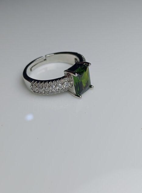 Emerald Cut Green Zircon Adjustable Silver Ring – Wide Pave Band Statement