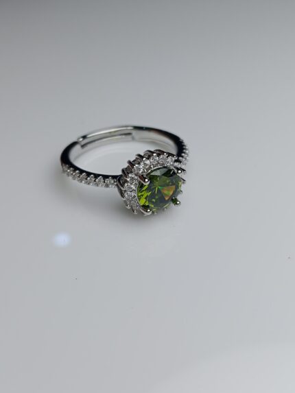 Olive Green Zircon Adjustable Silver Ring – Unique Spiked Halo Design