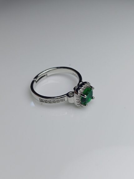 Classic Emerald Green Round Halo Adjustable Silver Ring – May Birthstone Style