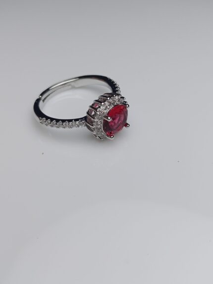 Brilliant Ruby Oval Halo Adjustable Silver Ring – Passionate Statement Jewelry