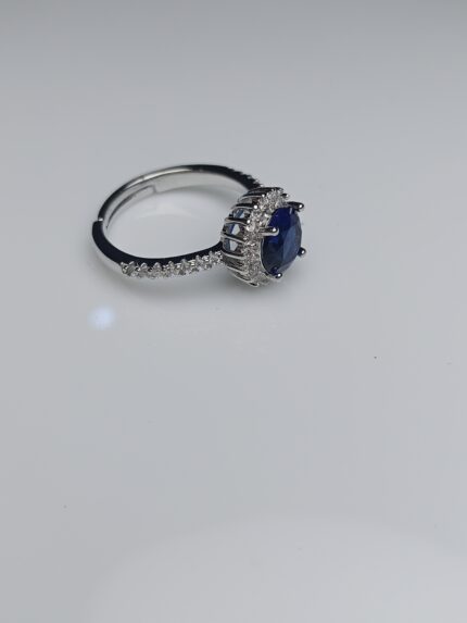 Majestic Oval Sapphire Halo Adjustable Silver Ring - Deep Blue Statement