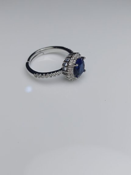 Majestic Oval Sapphire Halo Adjustable Silver Ring – Deep Blue Statement