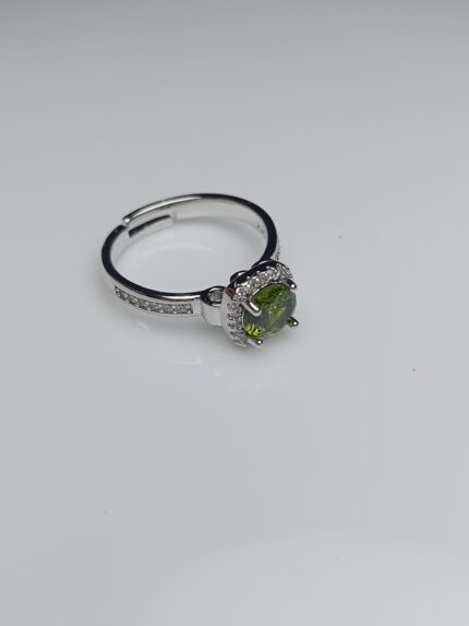 Peridot Green Zircon Halo Adjustable Silver Ring - August Birthstone Style