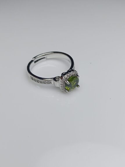 Peridot Green Zircon Halo Adjustable Silver Ring – August Birthstone Style