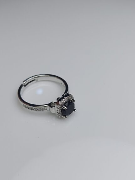 Chic Black Diamond Round Halo Adjustable Silver Ring – Pave Zircon Band