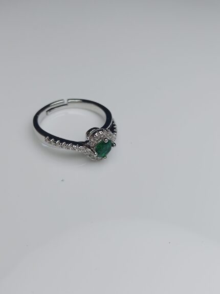 Emerald Green Halo Adjustable Silver Ring – Sparkling Zircon Band Jewelry