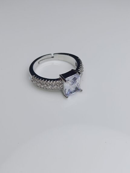Elegant Princess Cut Solitaire Adjustable Silver Ring – Pave Zircon Band