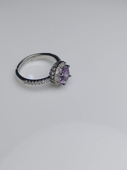 Lavender Amethyst Halo Adjustable Silver Ring – Elegant Zircon Band
