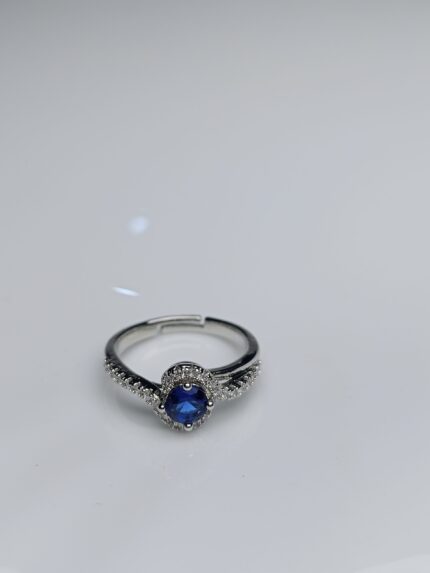 Deep Sapphire Halo Adjustable Silver Ring – Elegant Zircon Split Band