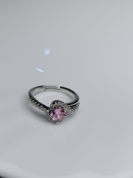 Pink Topaz Halo Adjustable Silver Ring – Delicate Zircon Band Jewelry