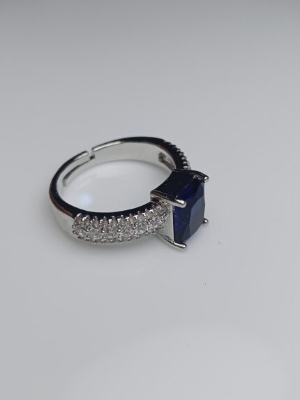 Royal Blue Sapphire & Zircon Adjustable Silver Ring - Statement Jewelry