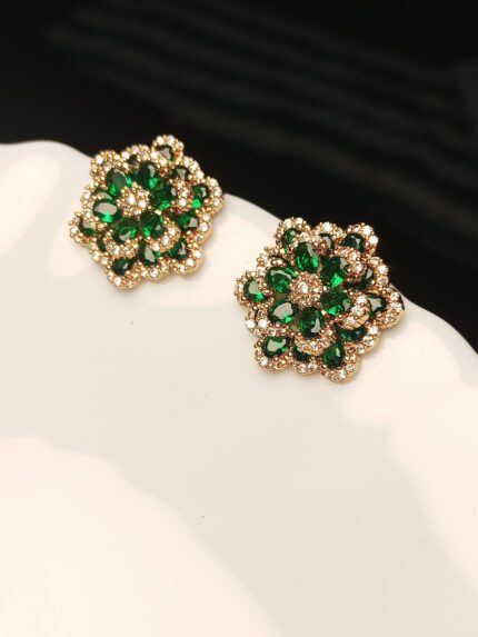 Luxury Emerald Green & Gold Flower Stud Earrings – Festive Bridal Jewelry