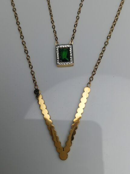 Gold Plated Layered Emerald Green Halo & Chevron Necklace Set – Minimalist V-Shape Jewelry