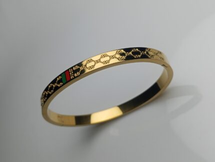 Designer Inspired Gold Monogram Pattern Bangle | Green and Red Enamel Stripe Bracelet
